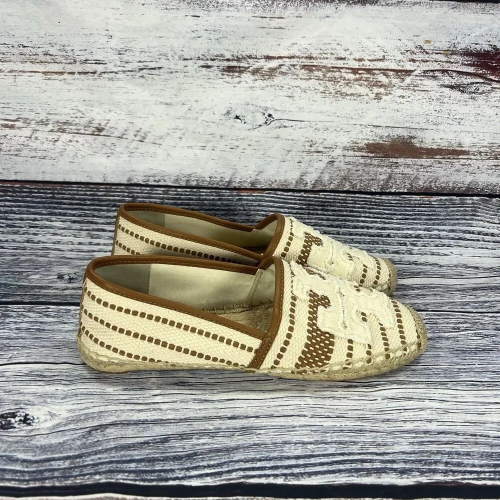 NEW Tory Burch Shaw Espadrille White Tan Logo Canvas Flats Women’s Size 10